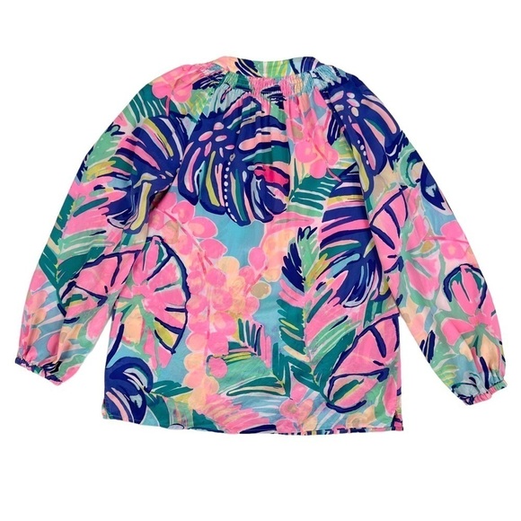 Lilly Pulitzer silk top tunic blouse pink blue palm leaves Exotic Garden Elsa XS - Picture 10 of 16